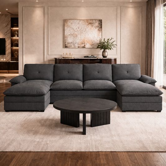 110" Black U-Shaped Sectional Sofa with Double Chaise and Round Coffee Table Set-0