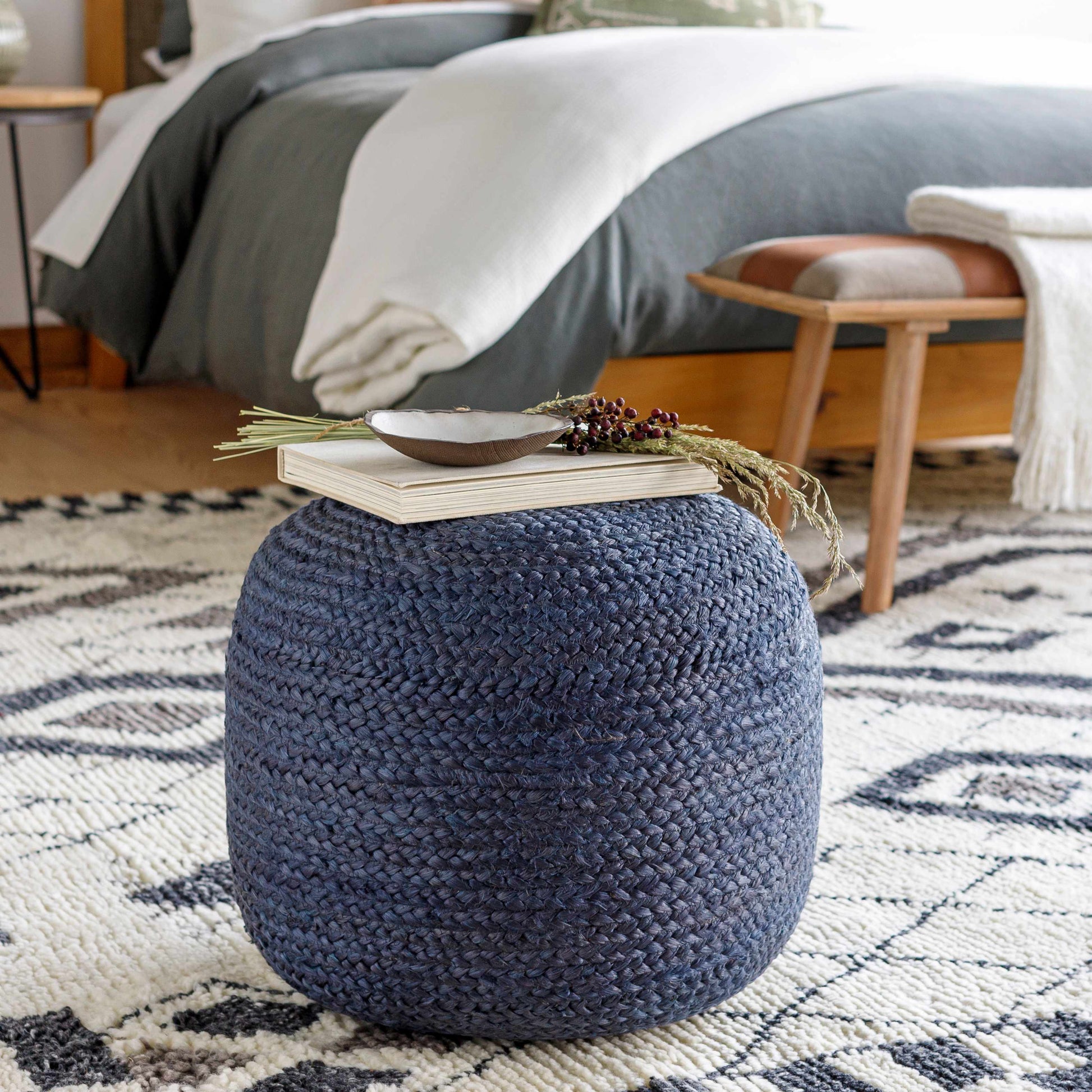 Gail Navy Jute Knitted Pouf-0