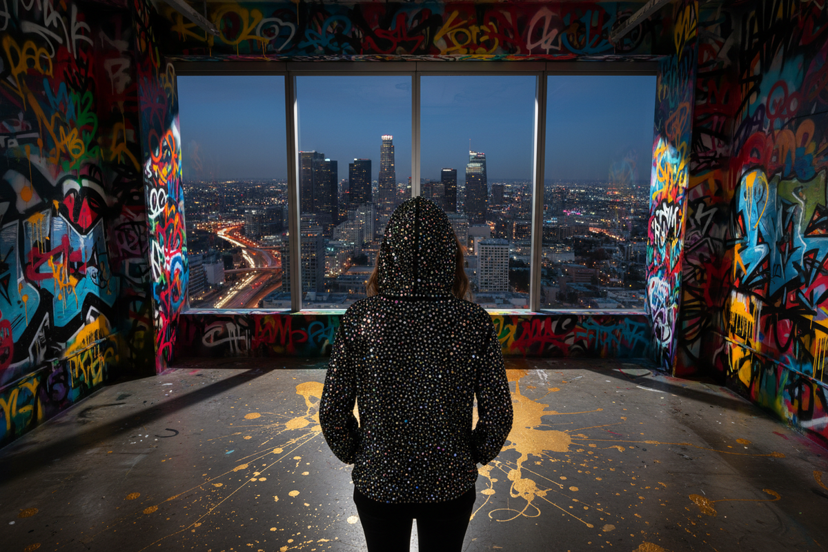 Generate a photo of a luxury downtown Los Angeles penthouse high rise art studio with graffiti art on the walls and a woman with her back turned (back facing the viewer) hands in pockets with a rhinestone hoodie on with hood on her head. Gold paint all on the ground. Woman is in the center of the photo with back turned displaying a black hoodie with rhinestones 