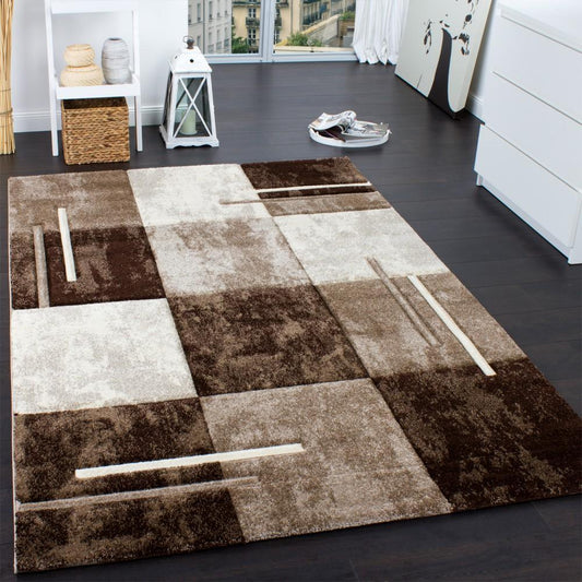 Geometric Designer Rug with Contour Cut - Brown Cream-0