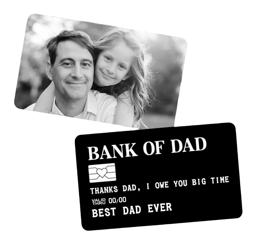Personalized bank card for dad with photo of a man and a child on a wooden surface.