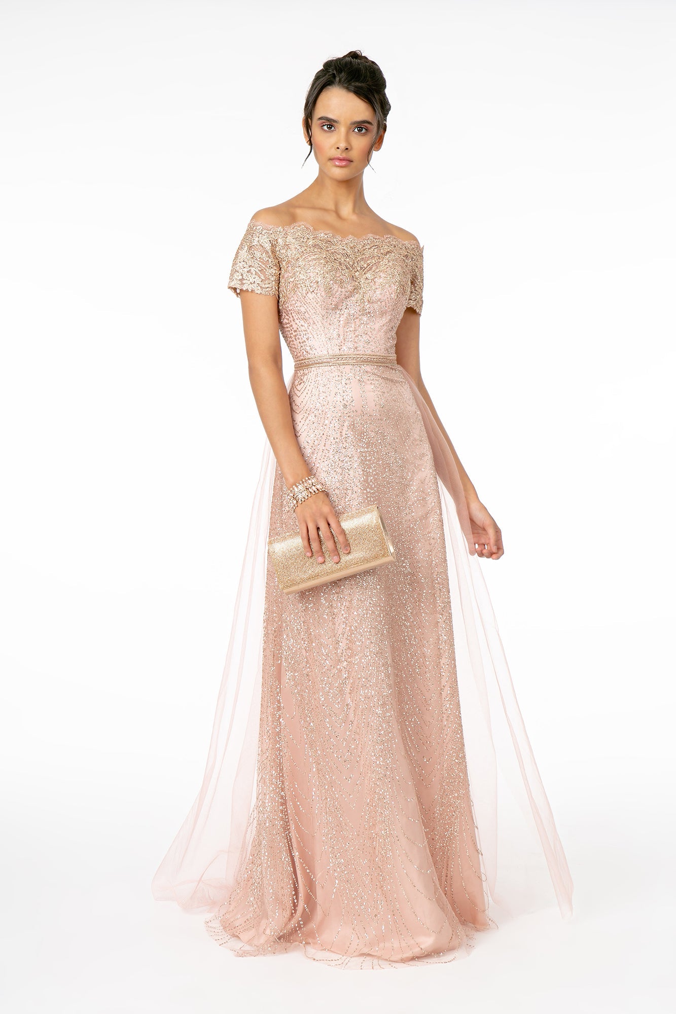 Glitter Print Mesh Cut-Away Shoulder A-Line Long Mother Of The Bride Dress GLGL2942