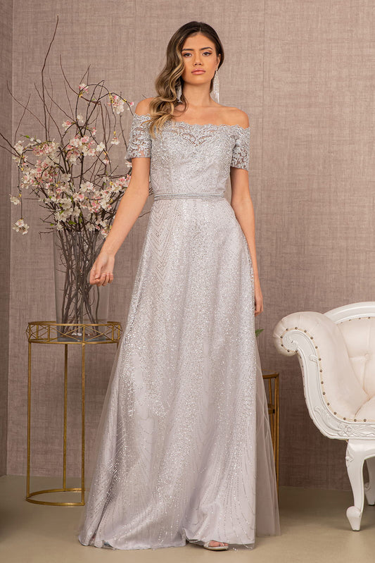 Glitter Print Mesh Cut-Away Shoulder A-Line Long Mother Of The Bride Dress GLGL2942