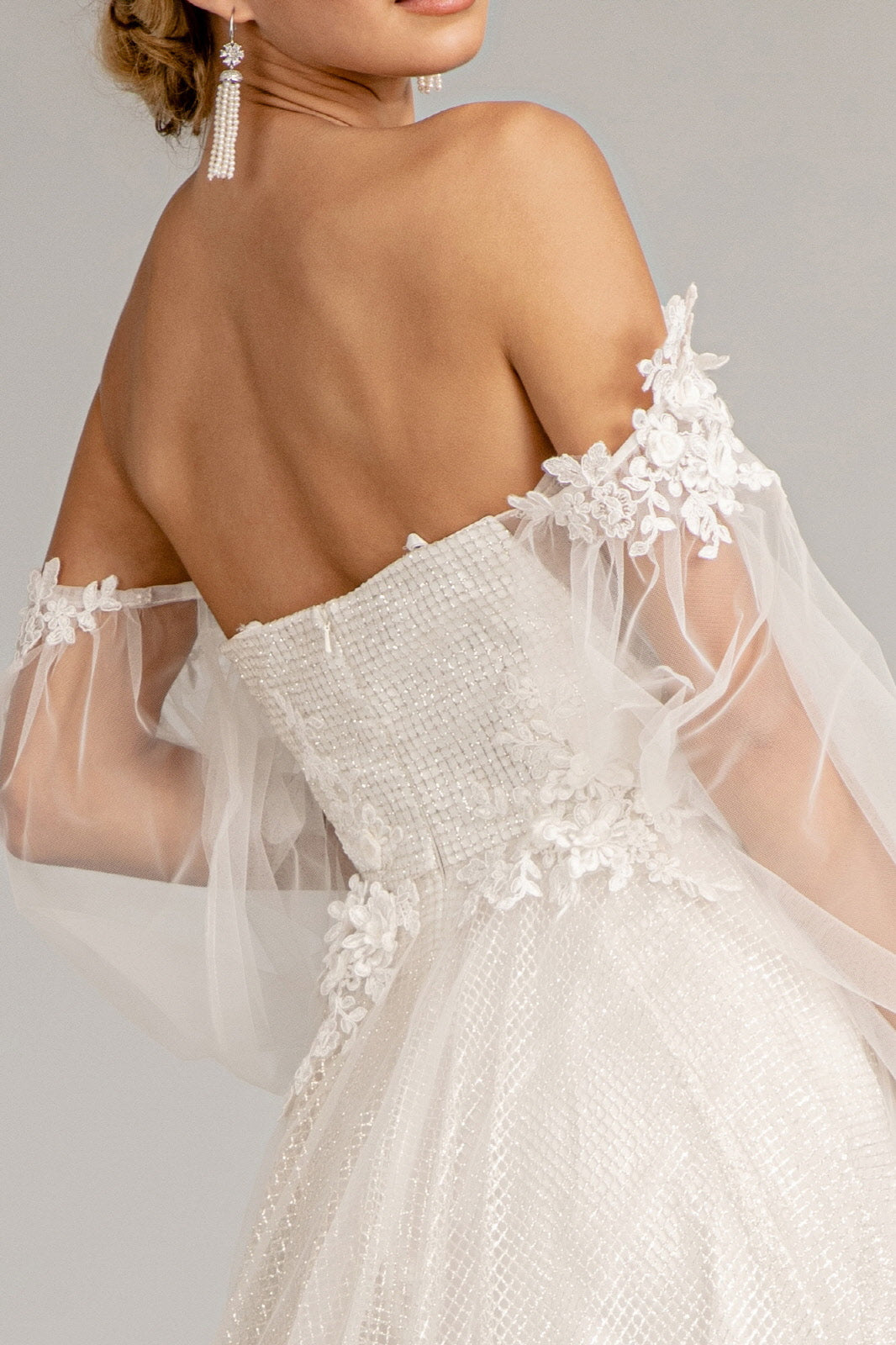 3D Flower Embellished Glitter Netting A-line w/ Detached Long Sleeves Long Prom Dress GLGL3015