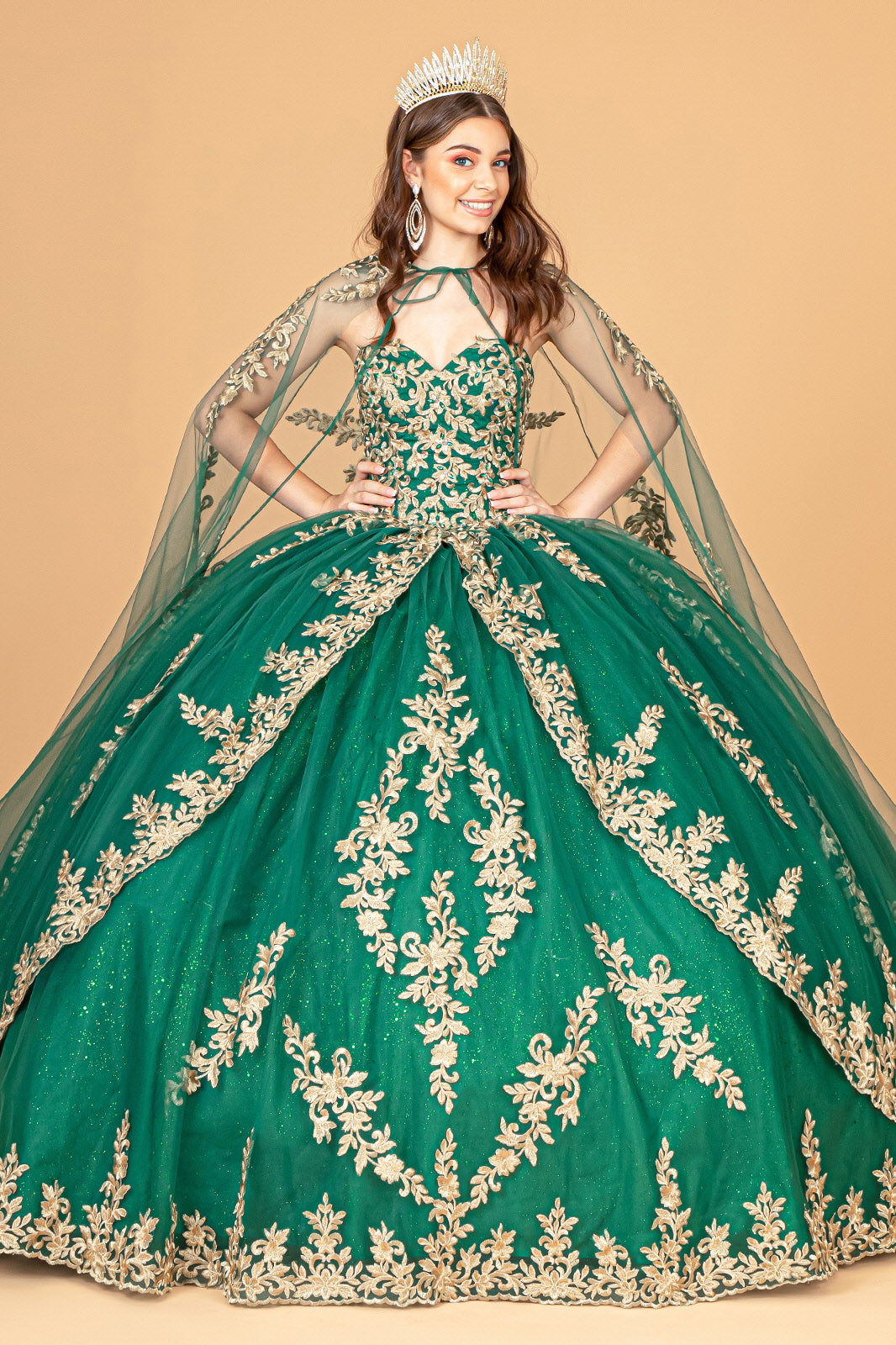 Jewel Embellished Tulle w/ Embroidered Mesh Cape Quinceanera Ball Dress GLGL3016
