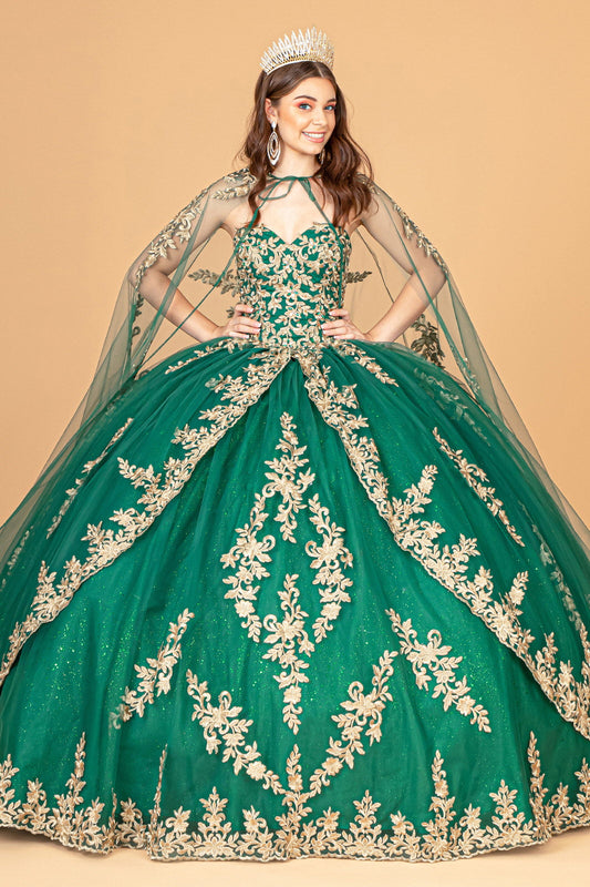 Jewel Embellished Tulle w/ Embroidered Mesh Cape Quinceanera Ball Dress GLGL3016
