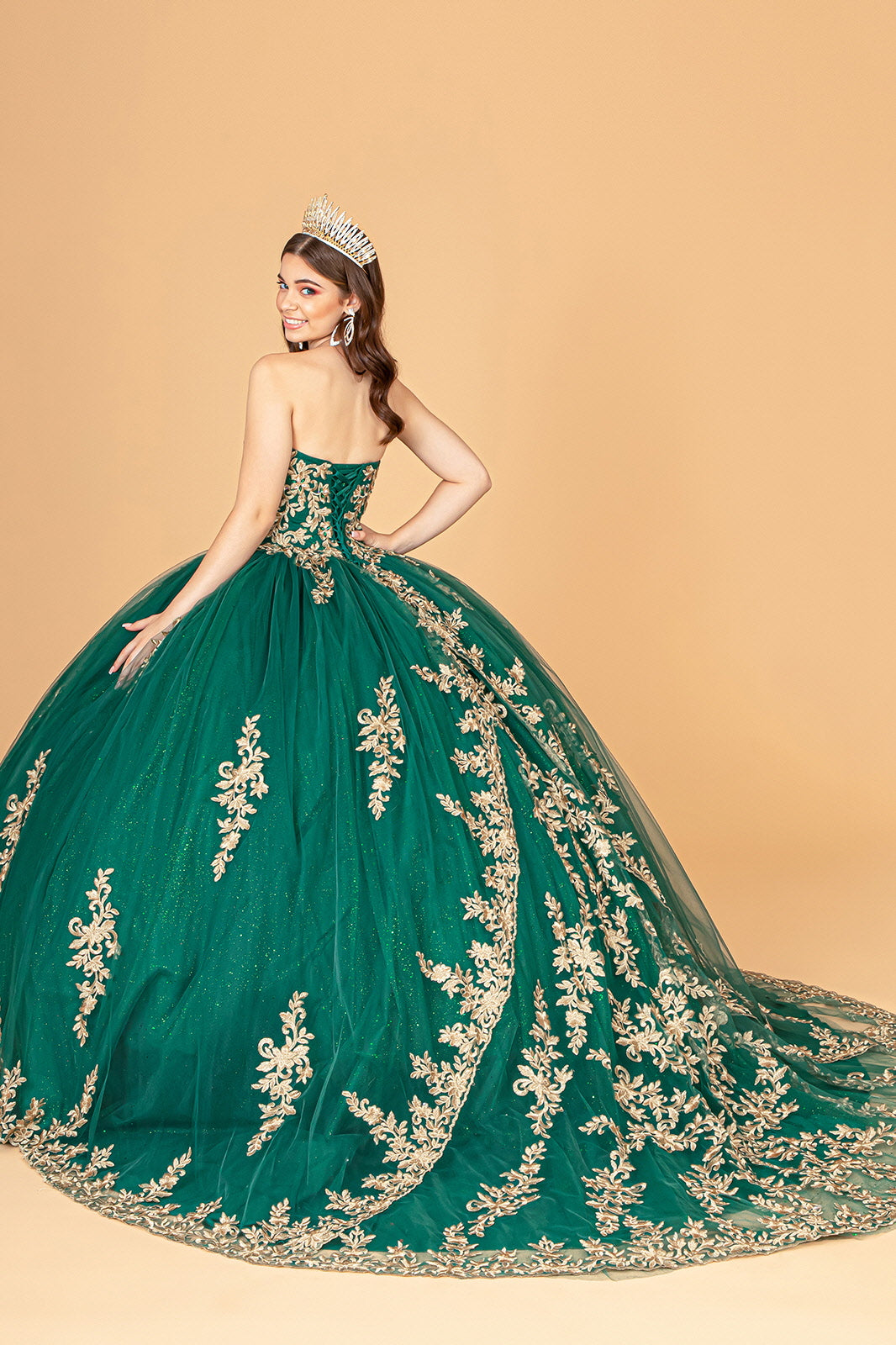Jewel Embellished Tulle w/ Embroidered Mesh Cape Quinceanera Ball Dress GLGL3016