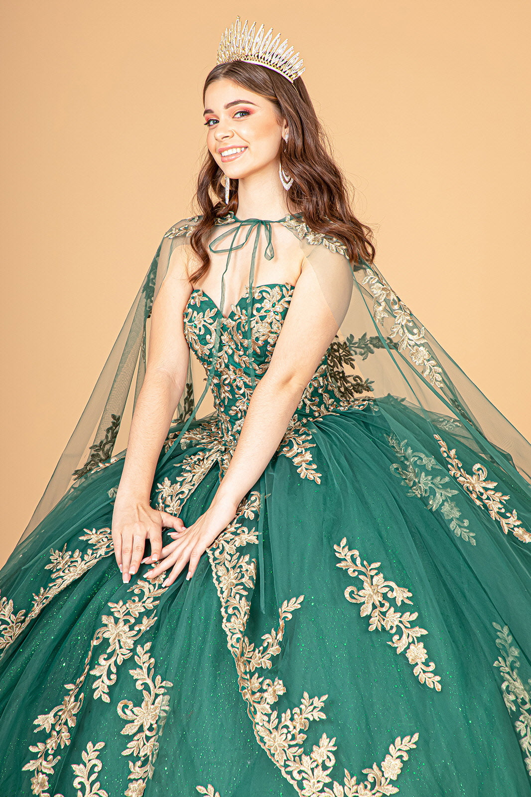 Jewel Embellished Tulle w/ Embroidered Mesh Cape Quinceanera Ball Dress GLGL3016