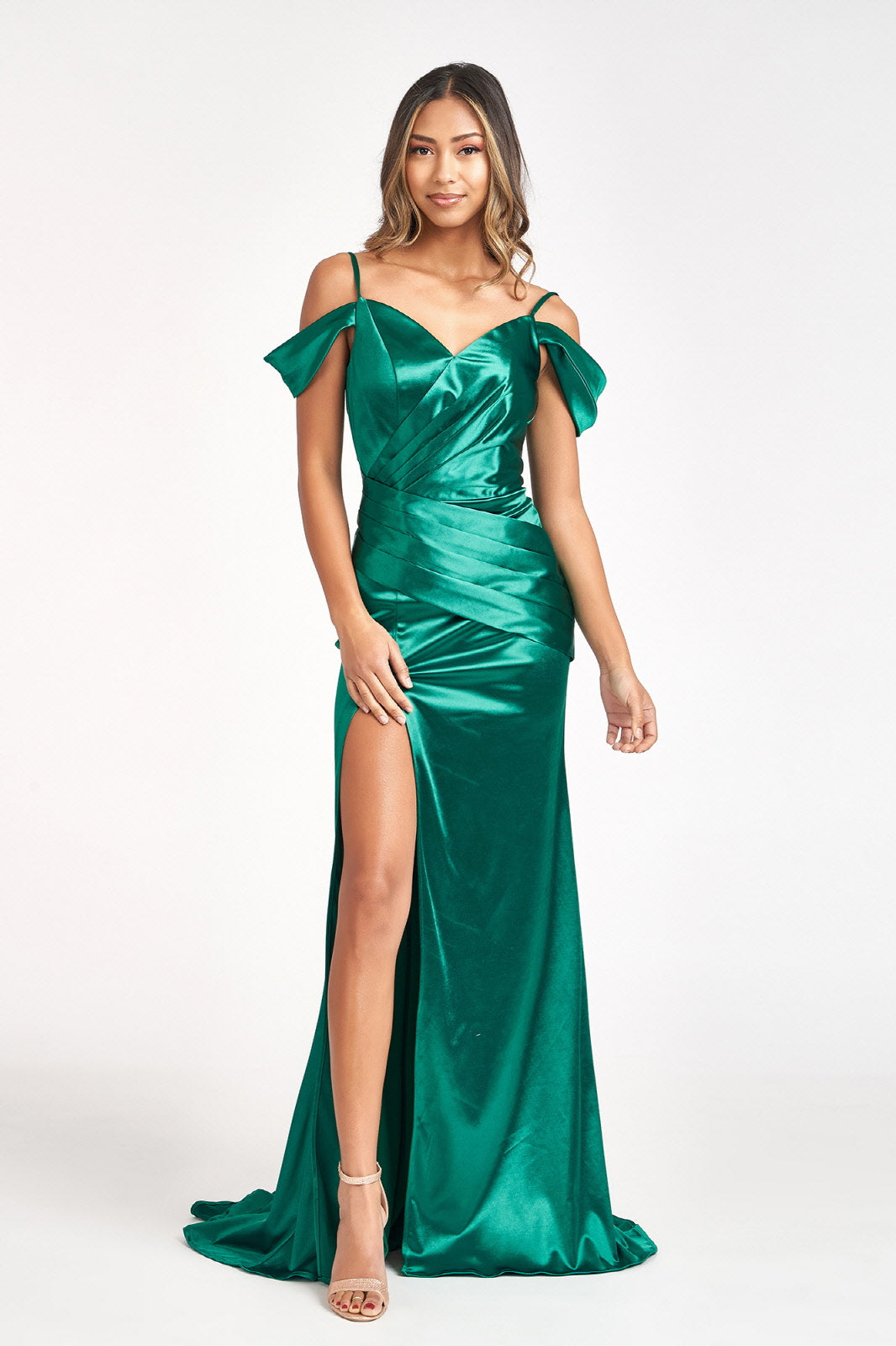 Sweetheart Evening Mermaid Satin Gown w/ Pleated Waist and Off Shoulder Drape GLGL3060-1