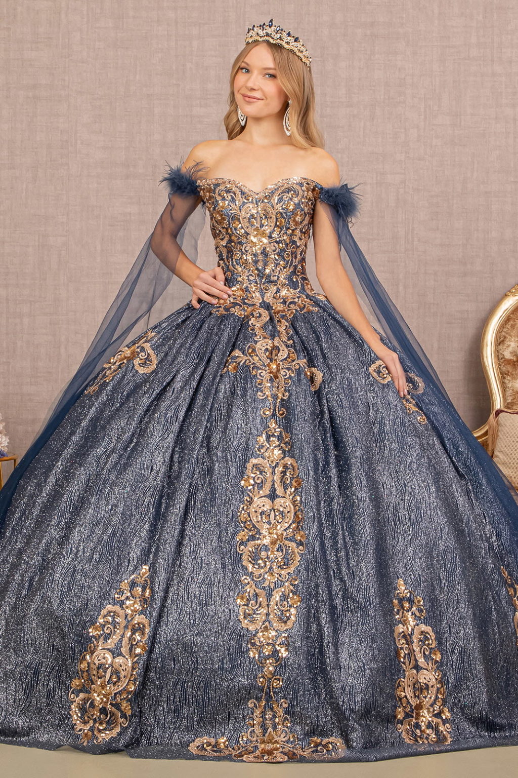 Feather Sequin Quinceanera Gown w/ Detachable Side Mesh Layer-0
