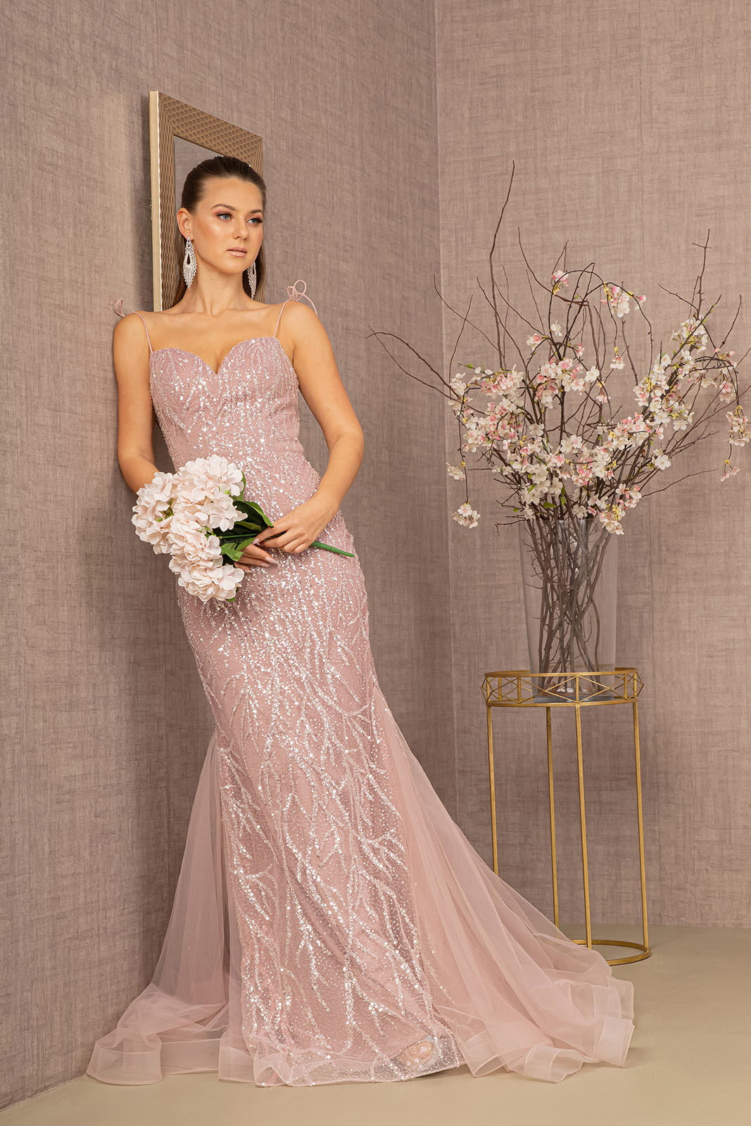 Sequin Bead Lace-up Back Trumpet w/ Mesh Tail Long Prom Dress GLGL3121