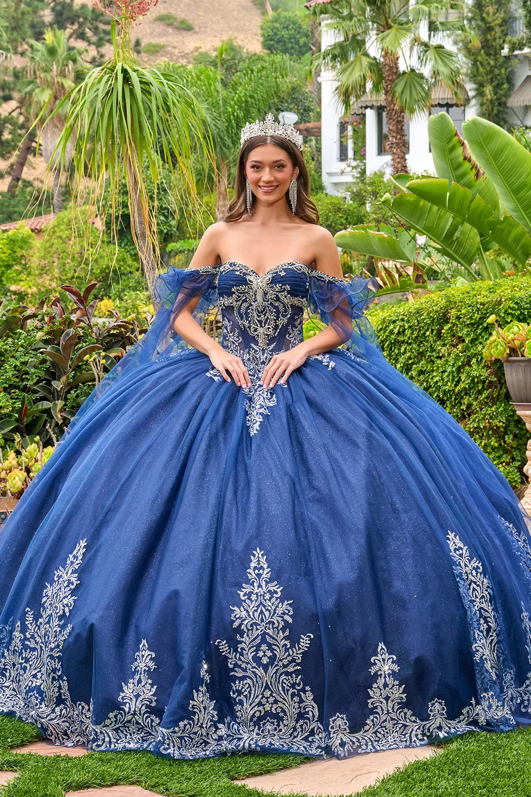 Shoulder strap with ruffles cape sleeves v neckline pleated bust corset bodice train ball gown GLGL3752-0