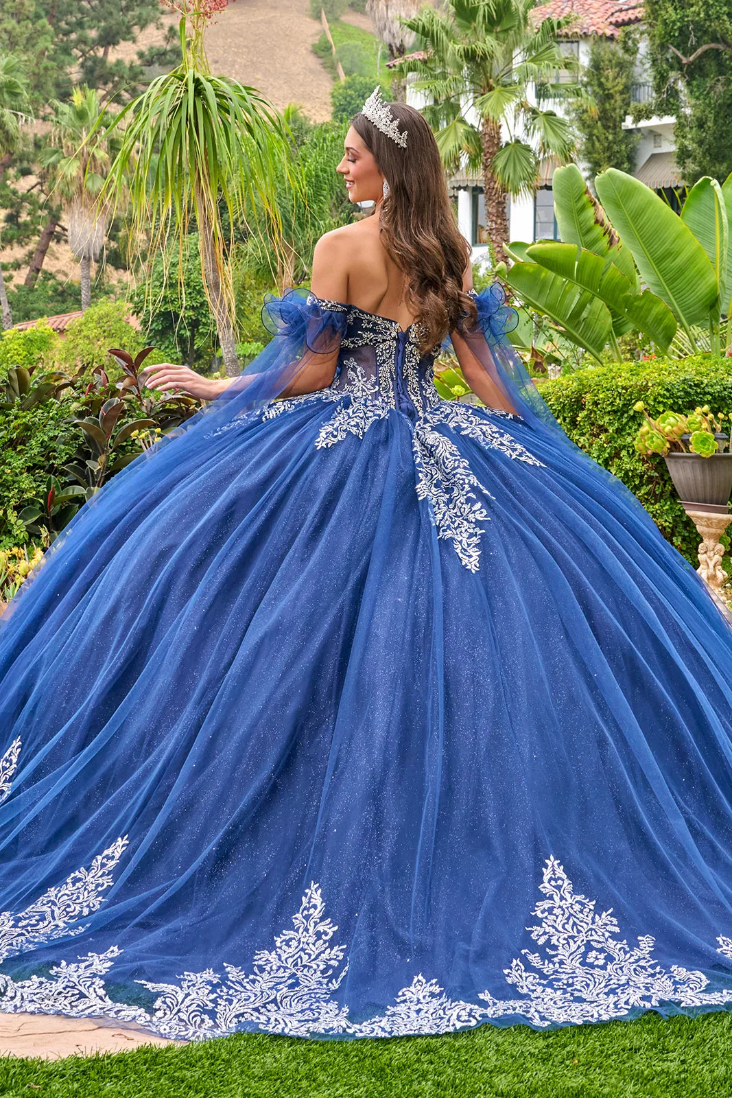 Shoulder strap with ruffles cape sleeves v neckline pleated bust corset bodice train ball gown GLGL3752-1