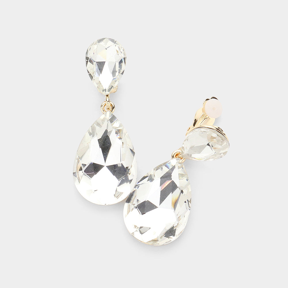 Glass Crystal Double Teardrop Clip on Evening Earrings