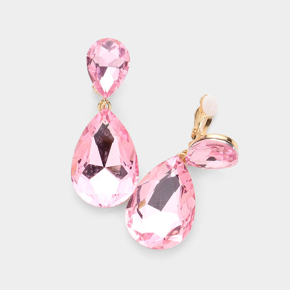 Glass Crystal Double Teardrop Clip on Evening Earrings