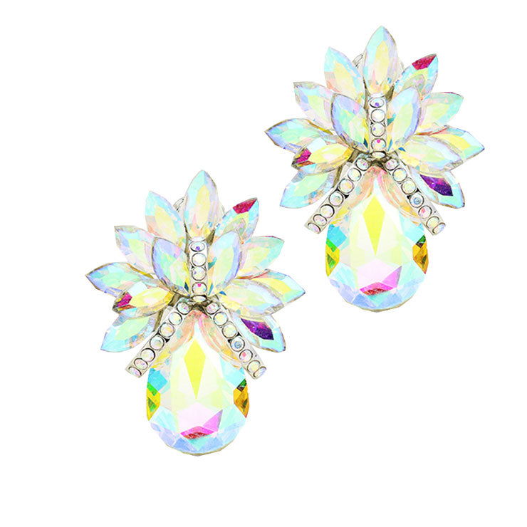 Glass Crystal Petal Teardrop Clip On Earrings