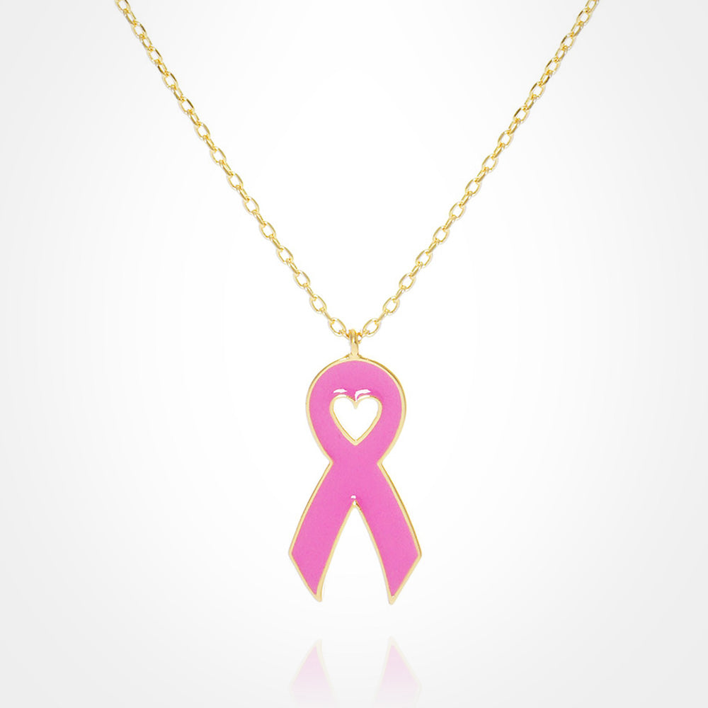 Gold Dipped Enamel Pink Ribbon Pendant Necklace