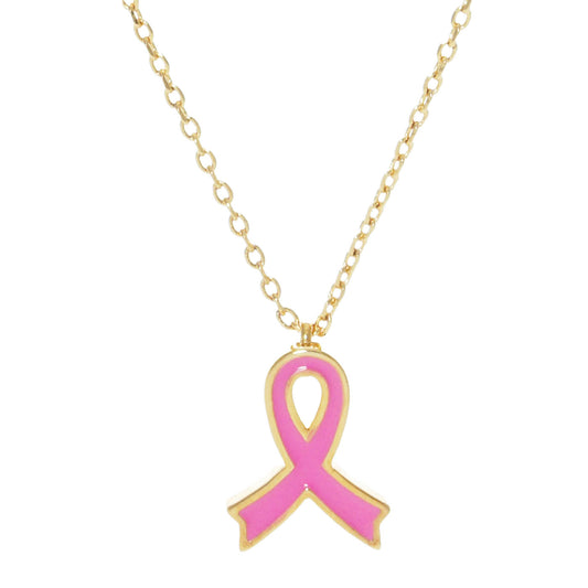 Gold Dipped Enamel Pink Ribbon Pendant Necklace