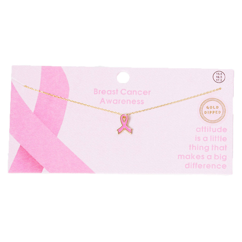 Gold Dipped Enamel Pink Ribbon Pendant Necklace