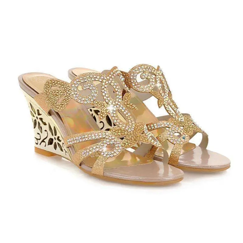 Gold Embellished Wedge Sandals Peep Toe