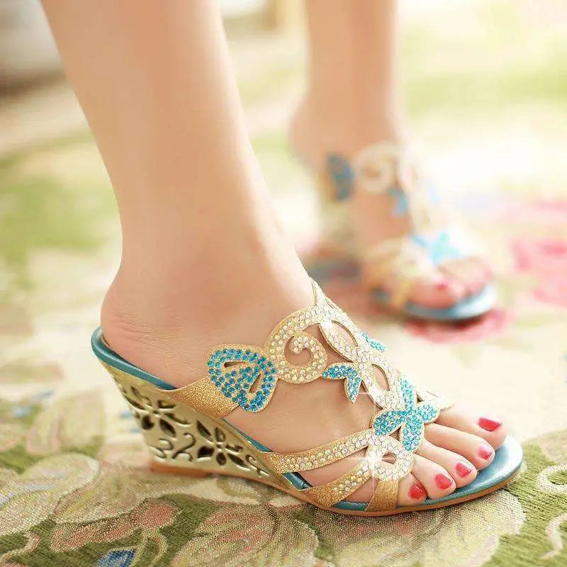 Gold Embellished Wedge Sandals Peep Toe