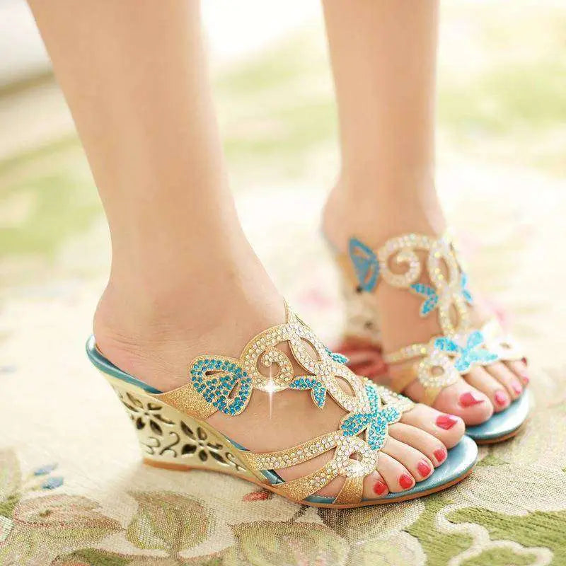 Gold Embellished Wedge Sandals Peep Toe