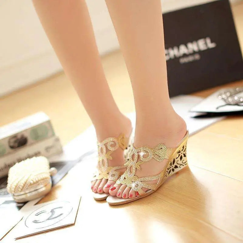 Gold Embellished Wedge Sandals Peep Toe