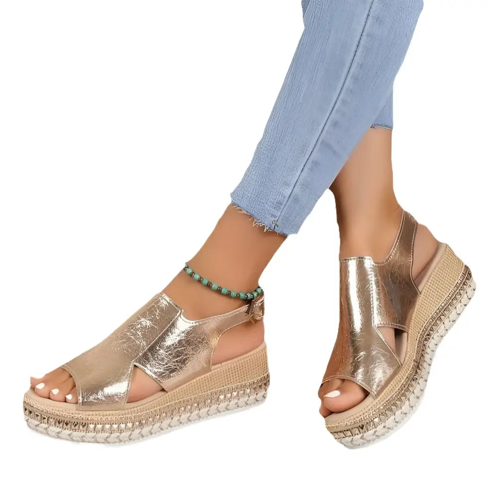 Gold Metallic Plus Size Rope Wedge Sandals