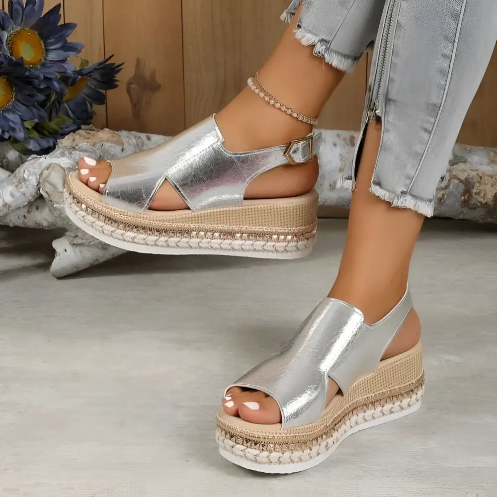 Gold Metallic Plus Size Rope Wedge Sandals