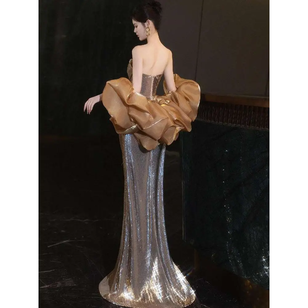 Gold Sequined Banquet Temperament Evening Dress