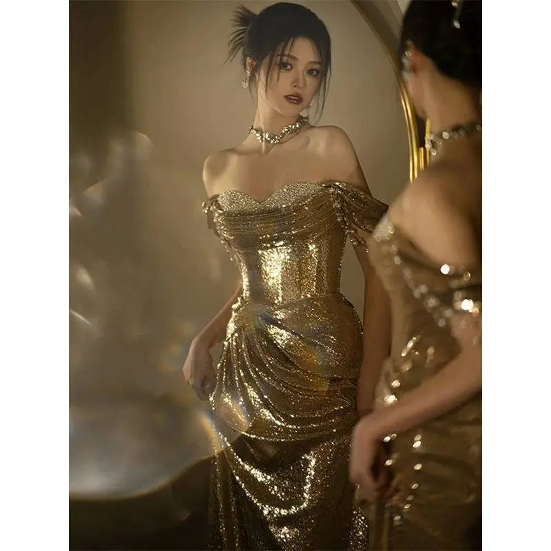 Gold Sequined Off-shoulder Dress Bridal Fishtail