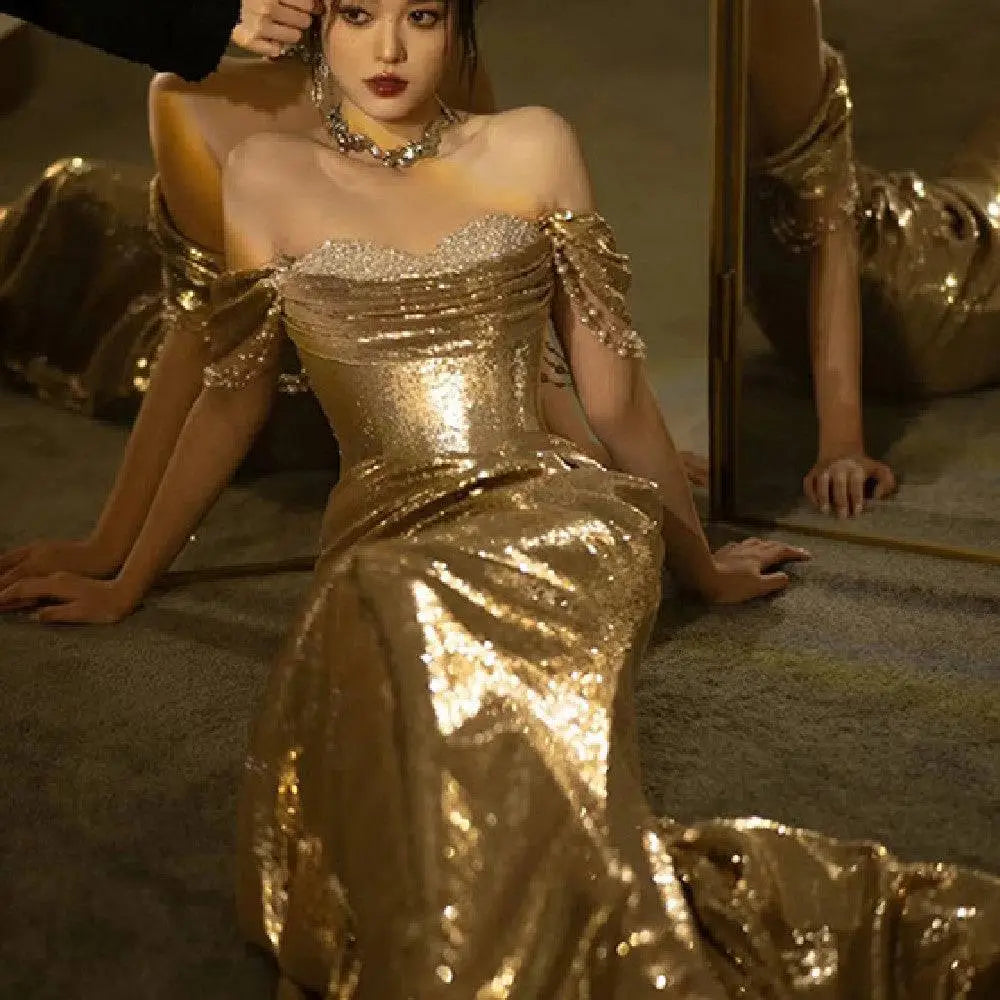 Gold Sequined Off-shoulder Dress Bridal Fishtail