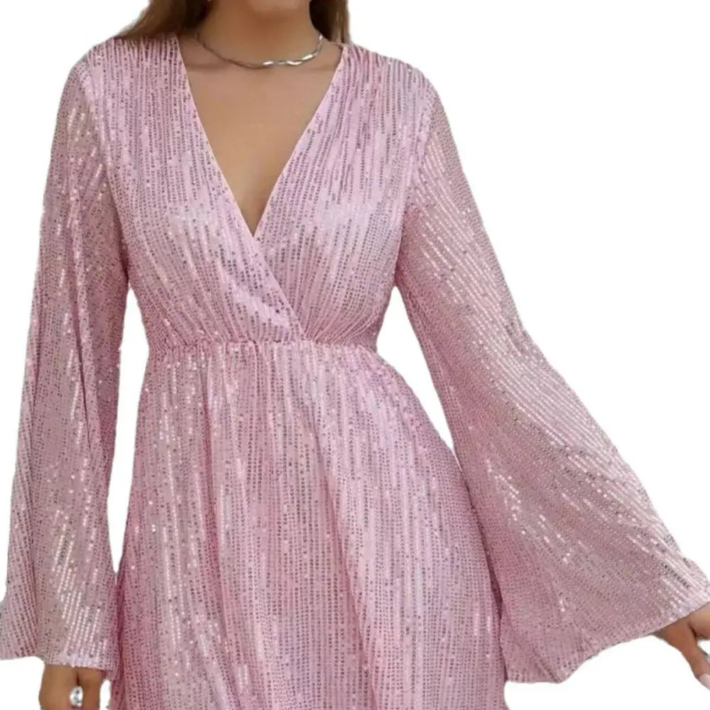Gold V-Neck Sequin Waist Slimming Senior Party Dress