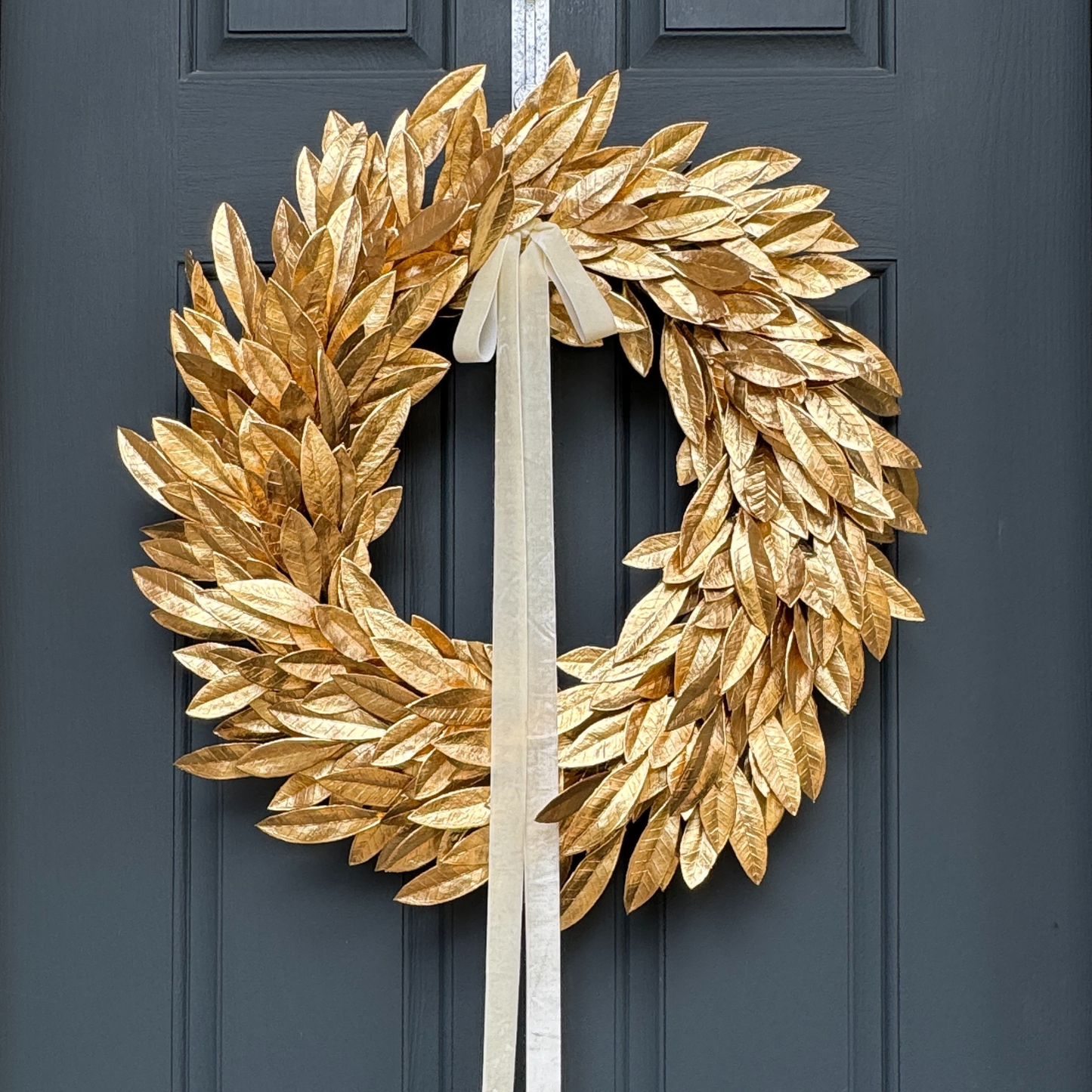 Gold Bay Leaf Wreath with Black Velvet Ribbon