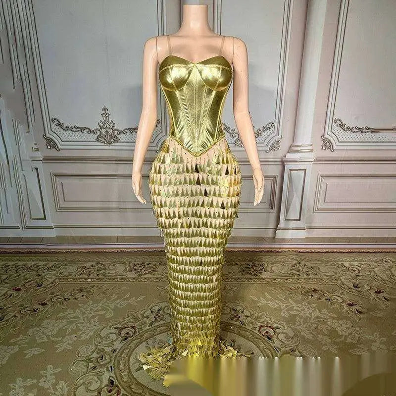 Golden Bright Surface Bandage Metallic Mermaid Gown