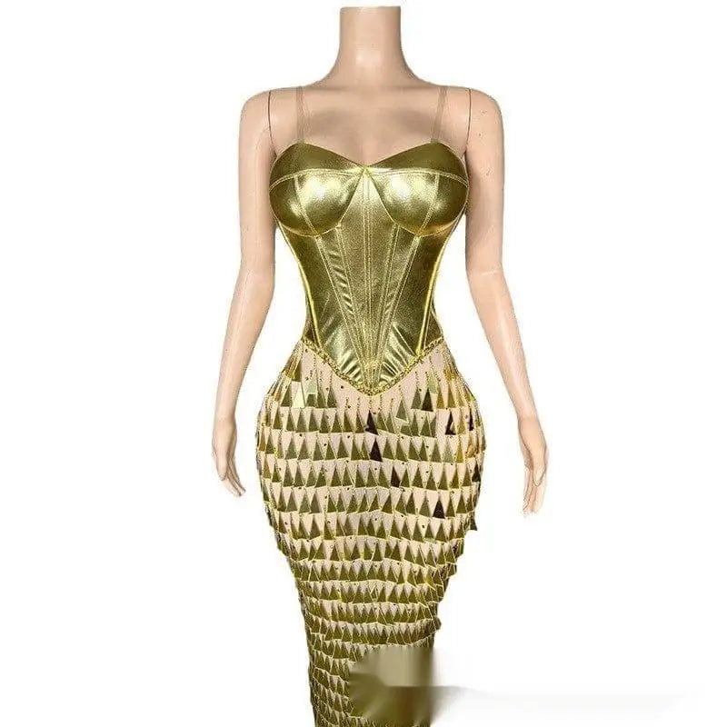 Golden Bright Surface Bandage Metallic Mermaid Gown