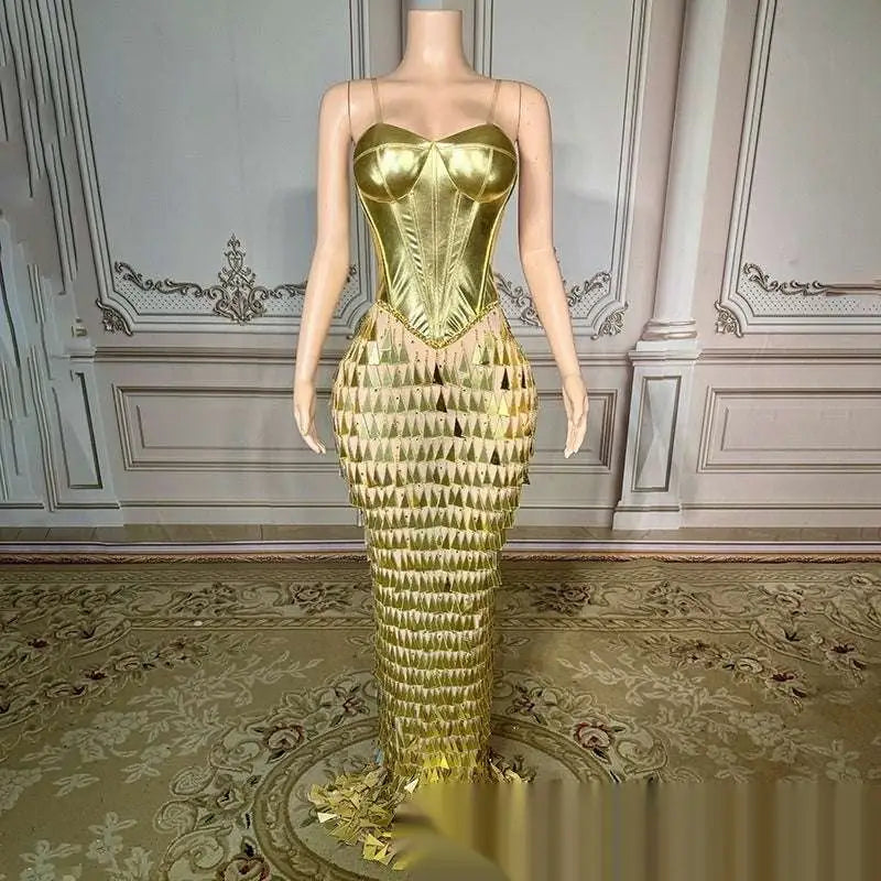 Golden Bright Surface Bandage Metallic Mermaid Gown