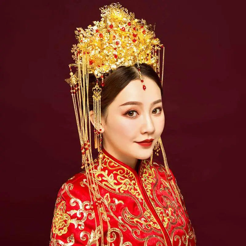 Golden Ornate Wedding Chinese Xiuhe Headdress with Ear Clip