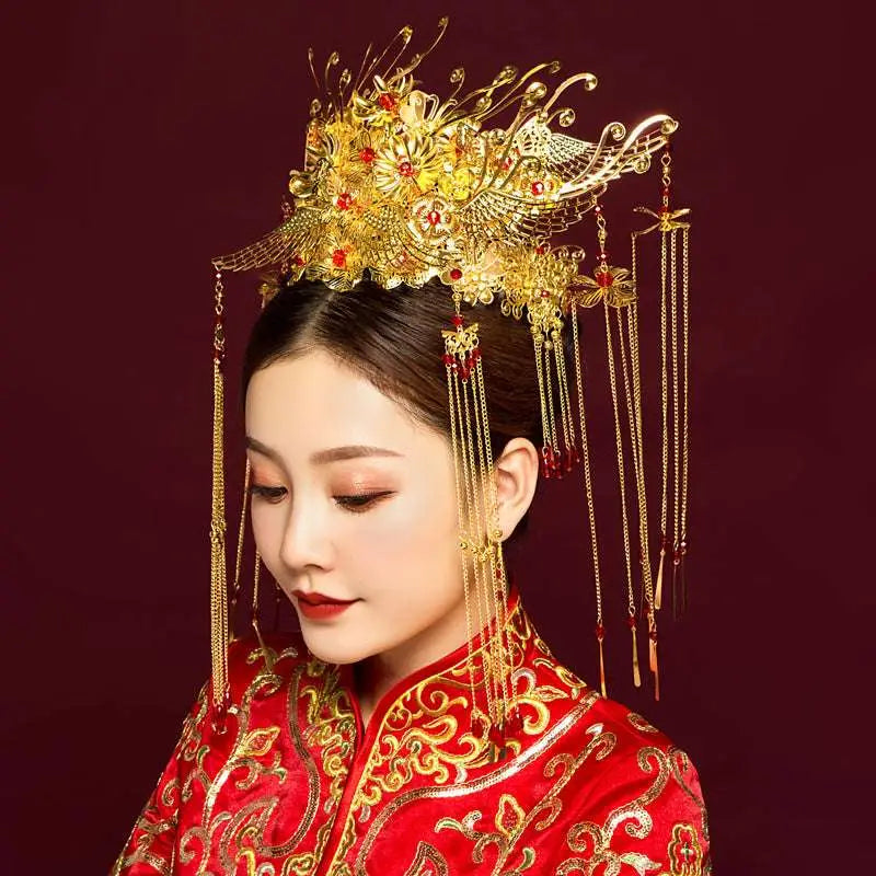 Golden Ornate Wedding Chinese Xiuhe Headdress with Ear Clip