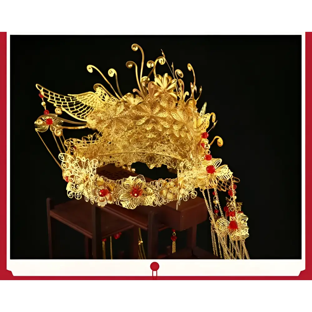 Golden Ornate Wedding Chinese Xiuhe Headdress with Ear Clip