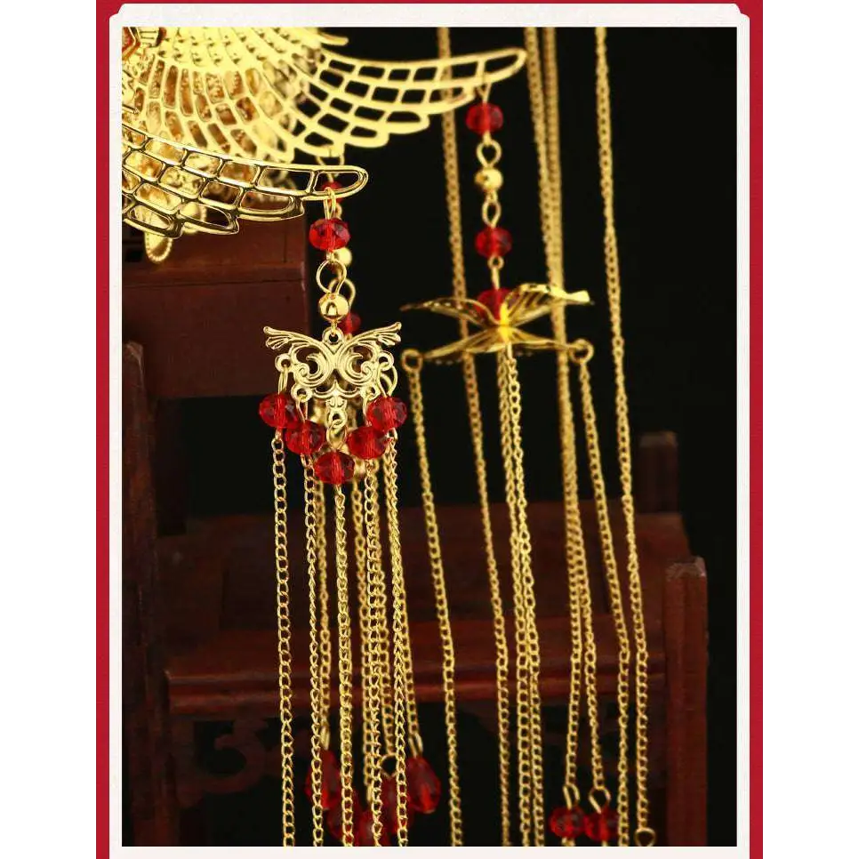 Golden Ornate Wedding Chinese Xiuhe Headdress with Ear Clip