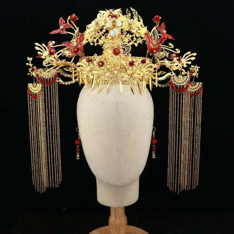 Golden Ornate Wedding Chinese Xiuhe Headdress with Ear Clip