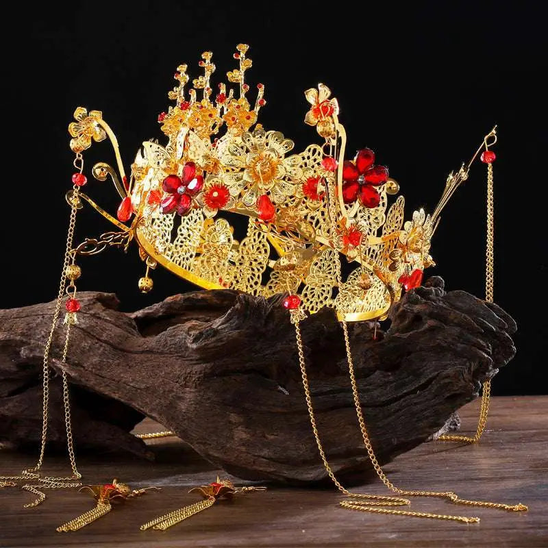 Golden Ornate Wedding Chinese Xiuhe Headdress with Ear Clip