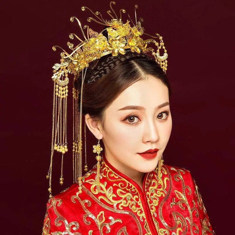 Golden Ornate Wedding Chinese Xiuhe Headdress with Ear Clip