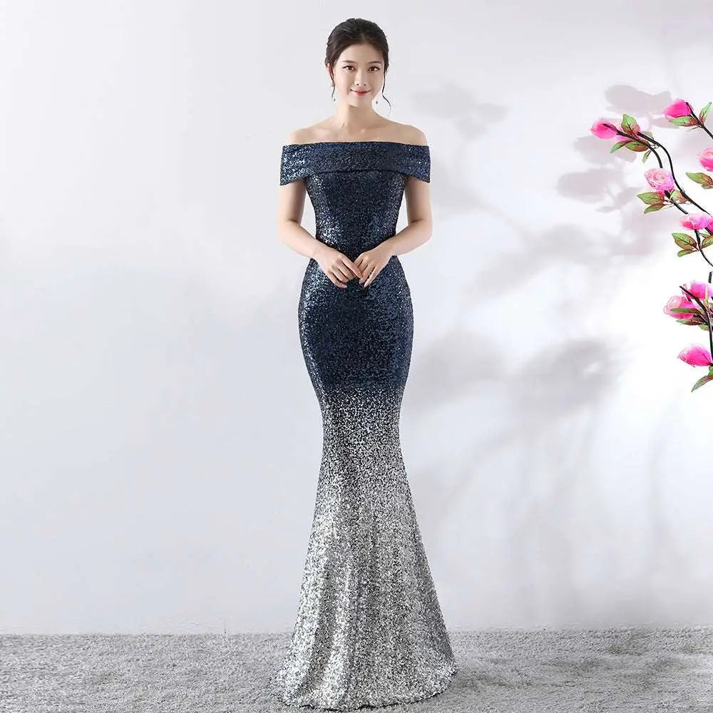 Gradient Sequined Birthday Party Dress Slimming Host Gown