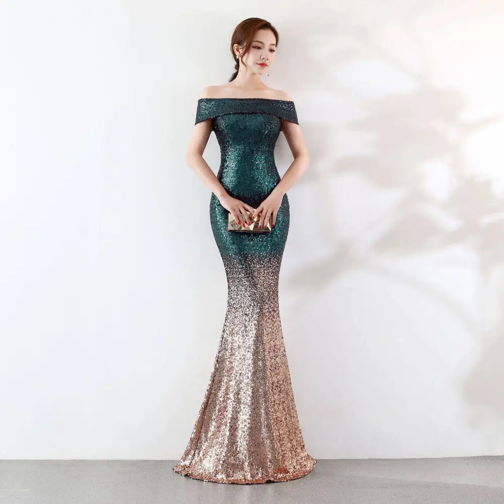 Gradient Sequined Birthday Party Dress Slimming Host Gown