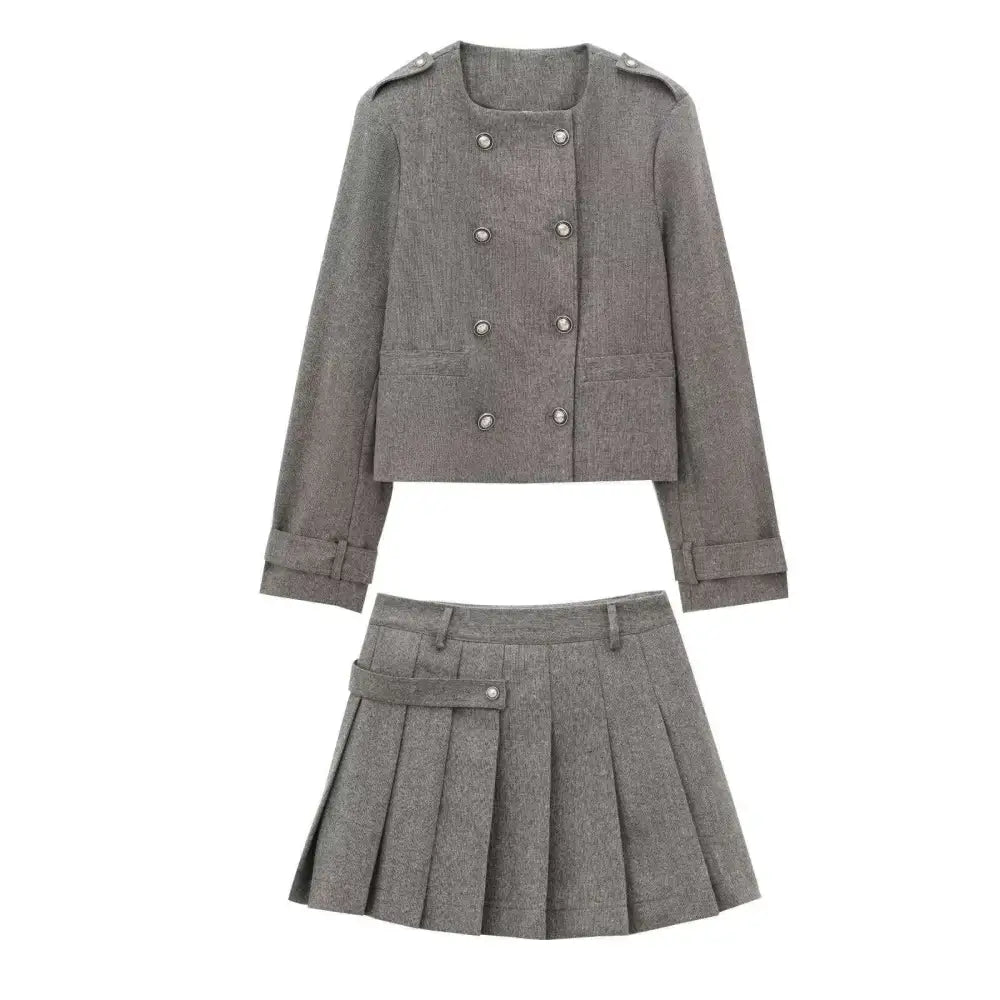 Gray Double Breasted Coat Width Pleated Skirt