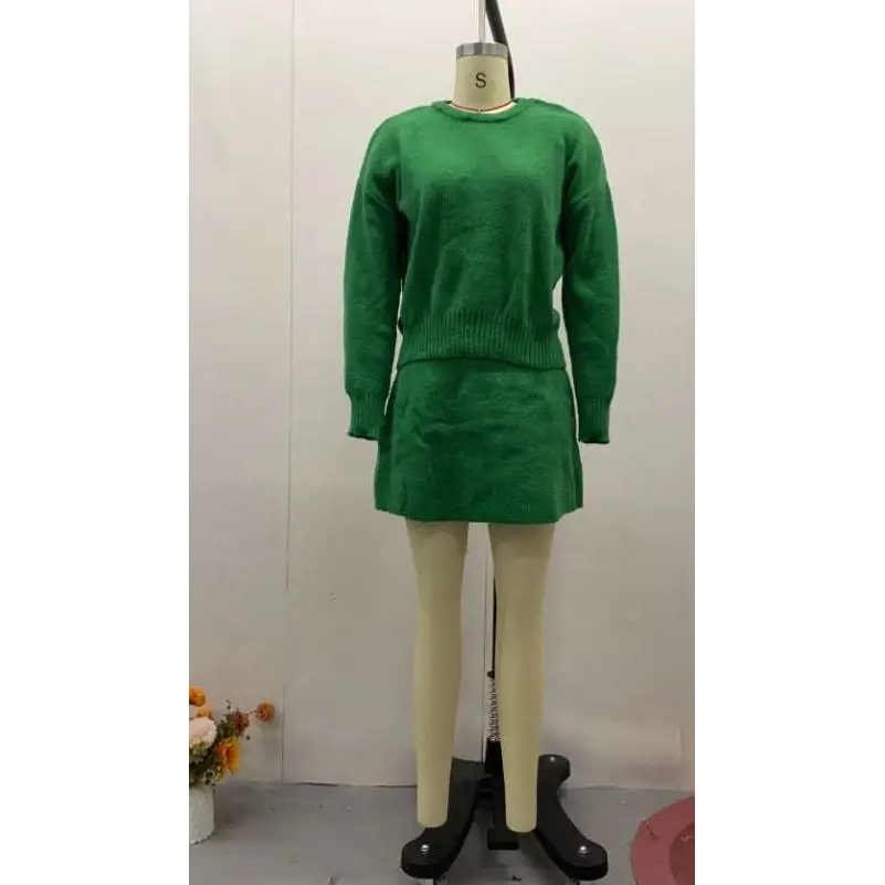 Green Long Sleeve Sweater Skirt Sets