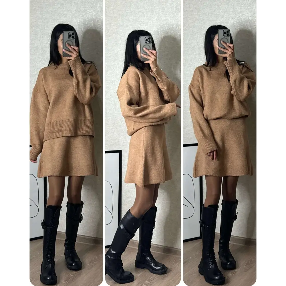 Green Long Sleeve Sweater Skirt Sets