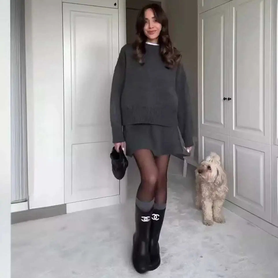 Green Long Sleeve Sweater Skirt Sets